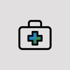 Fototapeta premium Minimalist Icon Design of a Medical Kit Featuring a Blue and Green Cross Inside a Black Outline Rectangular Case Against a Light Gray Background