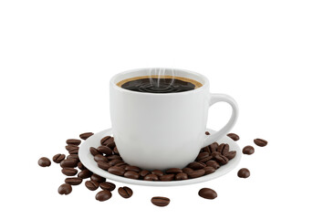 Isolated Coffee Cup with Saucer Surrounded by Coffee Beans