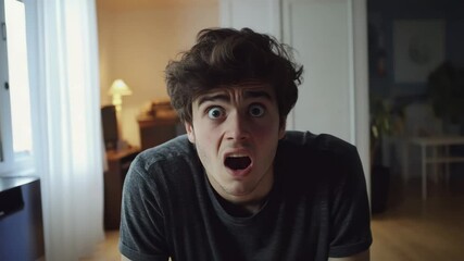 Young man shocked surprised expression indoor home casual t shirt wide eyes open mouth emotion reaction dimly lit room showing fear and amazement in facial expression - Powered by Adobe