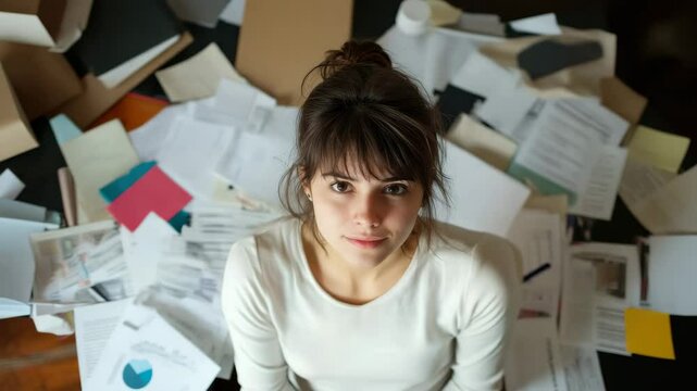 Young woman sitting on floor in office workspace surrounded by scattered documents and paperwork, looking up with calm thoughtful expression in business environment with messy hair and white shirt