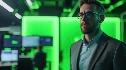 Tech innovation event featuring a data analyst in a modern office high-tech environment professional viewpoint future insights