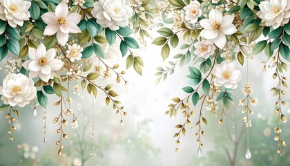 Serene white flowers and lush green leaves, a beautiful natural floral background