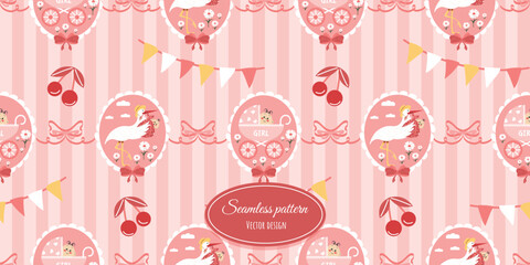 Vintage children's seamless design with a cute stork and a newborn girl. Vector design for children's bedding, fabrics, wallpaper, wrapping paper, and more.