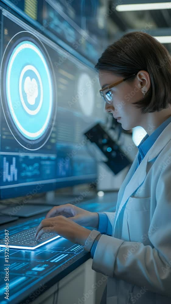 Poster scientist working in a futuristic laboratory: a focused scientist, immersed in advanced research, in