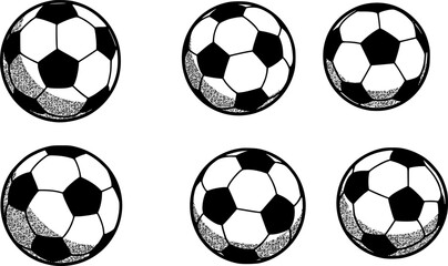 Collection of Six Stylized Soccer Balls in Black and White Illustration
