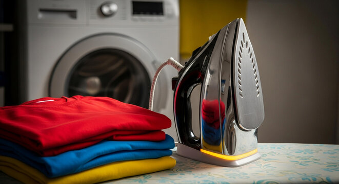 An iron sits beside a stack of folded clothes with a washing machine in the background.