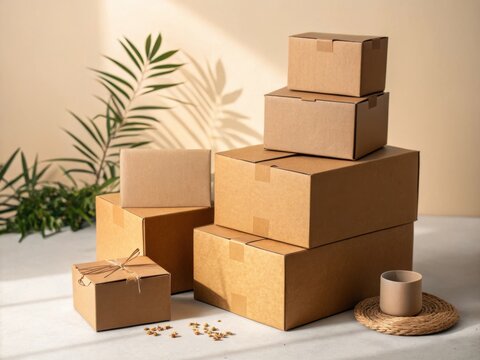 A collection of cardboard boxes stacked and arranged with a plant and a small cup for a clean product display