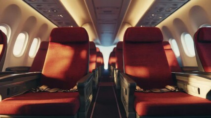 Airplane interior featuring empty red fabric seats with seatbelts fastened, warm sunlight streaming through windows, aisle view highlighting calm travel atmosphere and comfortable transportation