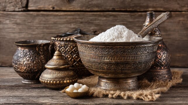A flour sifter beside decorative kitchenware on a wooden tabletop background