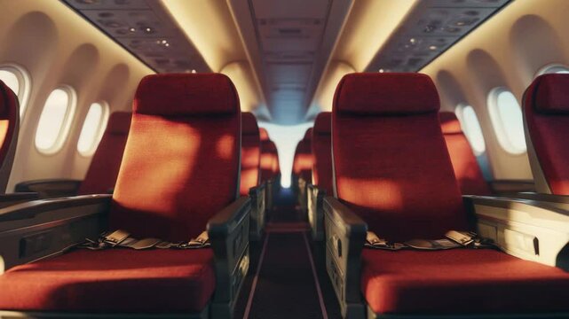 Airplane interior featuring empty red fabric seats with seatbelts fastened, warm sunlight streaming through windows, aisle view highlighting calm travel atmosphere and comfortable transportation - Powered by Adobe