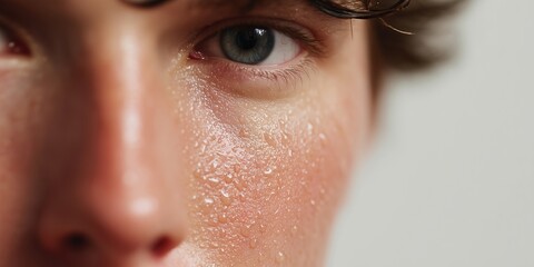 Closeup of a sweaty face with water drops on the skin. A concept of dehydration, heatstroke or intense physical exertion. For sports and health awareness