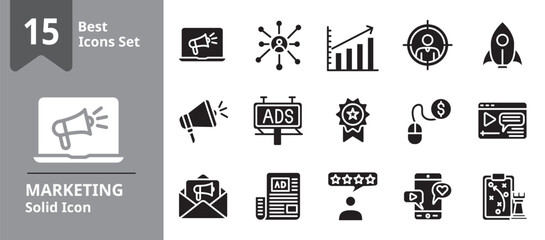Solid icon set illustrating marketing and advertising themes including digital campaigns, SEO optimization, email marketing, analytics, and social media engagement, ideal for business tools.