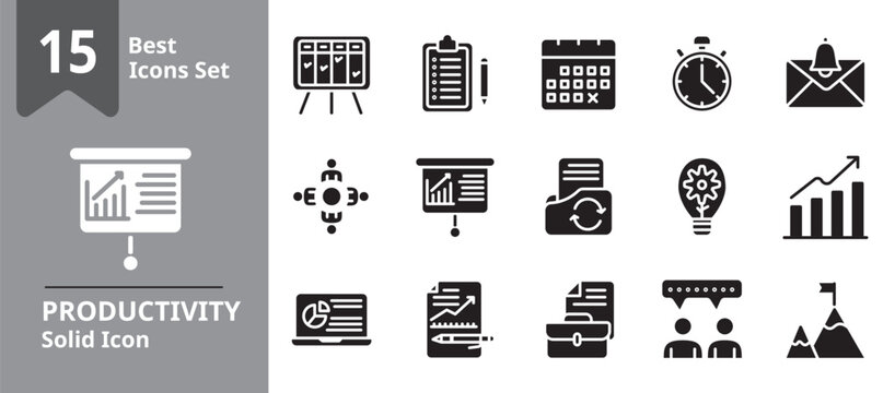 Solid icon set representing productivity and organization tools including task management, calendar planning, time tracking, goal setting, and daily routine, ideal for business apps, personal planners