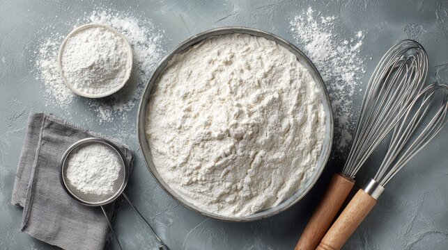 Minimal flat lay of flour sifter placed neatly next to baking parchment and whisks