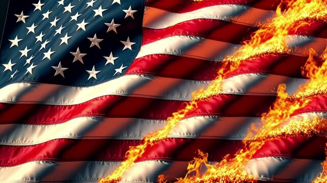 American flag engulfed in flames, symbolizing political unrest, protest, and national crisis Concept of freedom, patriotism, and social issues