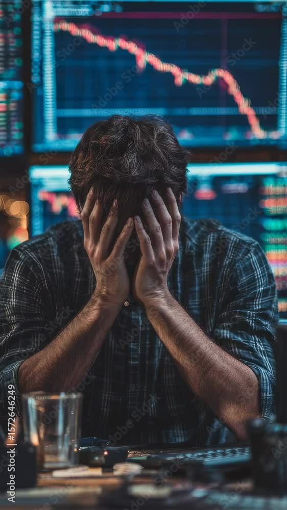 Poster an overwhelmed trader sits at a desk hands clasped in frustration while monitoring a computer that s