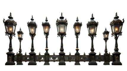 Classic street lamp post row isolated on transparent background. PNG