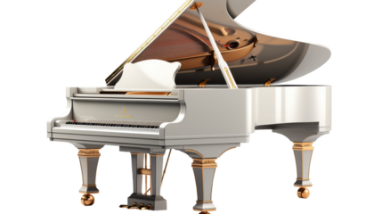 White grand piano isolated on transparent background. PNG