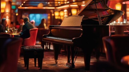 Elegant piano performance in upscale restaurant fine dining ambiance with live music nighttime relaxation scene
