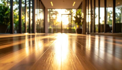 Fototapeta premium Sunlit wooden floor, warm light creates inviting ambiance in modern interior design