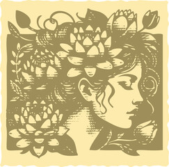  Heavy lined effect vibrant color postal stamp vector of a profile of a woman with lotus flowers in her hair, detailed floral hairstyle illustration, elegant female portrait design, artistic linework