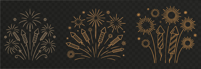 Vector golden fireworks. Golden fireworks on isolated transparent background. Fireworks png. Holiday fireworks. Festive background.