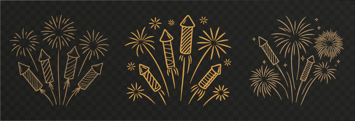 Vector golden fireworks. Golden fireworks on isolated transparent background. Fireworks png. Holiday fireworks. Festive background.