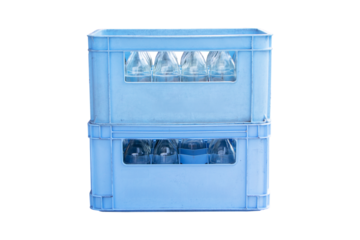 Glass clear bottles in plastic crate blue isolated on cutout PNG or transparent background. Packaging for sale in supermarkets or wholesale stores. Drinking water wait for distribute to grocery.