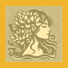  Vibrant color halftone effect vector illustration of profile of a woman with lotus flowers in her hair, detailed floral crown portrait, decorative stamp style design, artistic nature beauty element