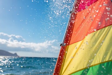 Close-up of a colorful sail glistening in the sun with ocean spray misting around