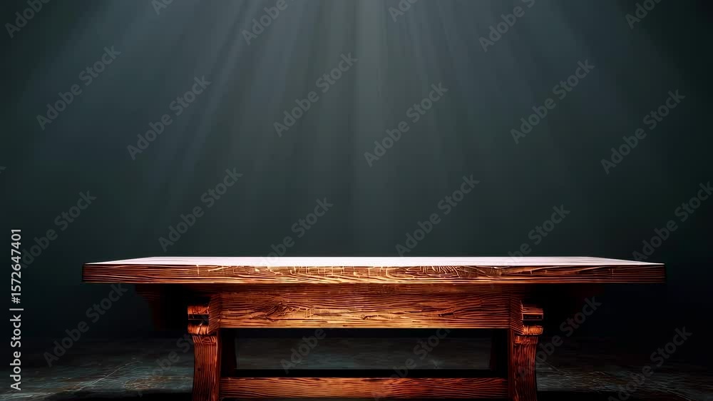 Poster illuminated by a dramatic beam of light, an empty wooden table rests in a dark room, creating a capt
