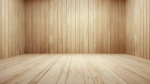 Light wooden room interior with vertical wall panels and horizontal floorboards creating warm natural texture background for cozy wood panel floorboard wall design space