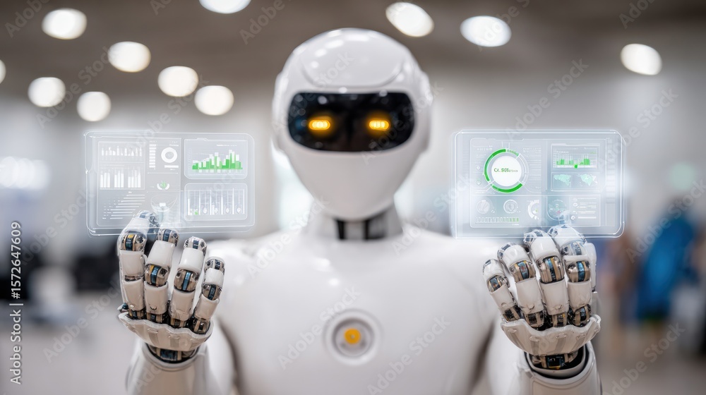 Poster futuristic ai robot displaying data: a sleek, modern robot with glowing eyes presents interactive da