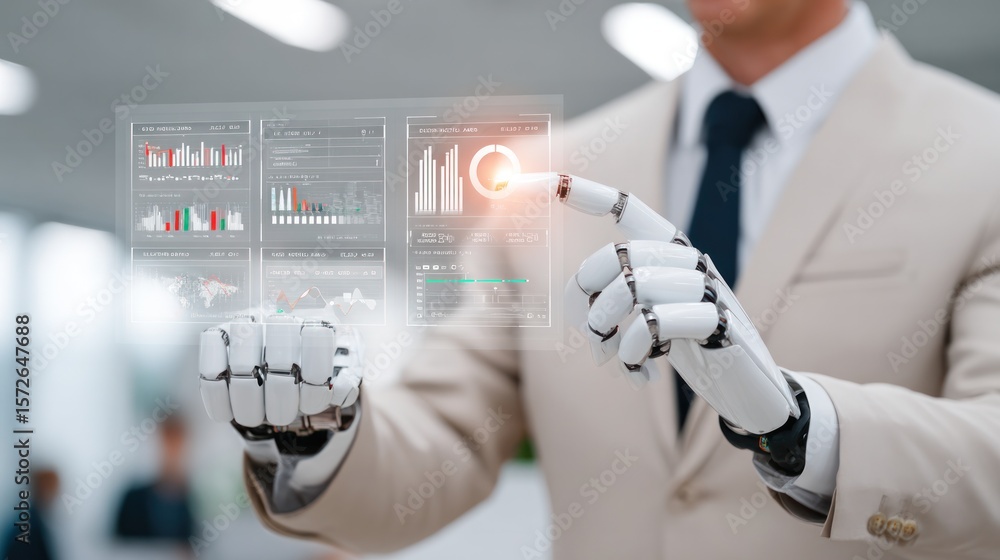 Poster man meets machine: an anonymous figure, dressed in a suit, interacts with futuristic digital display