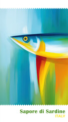 Abstract illustration of a sardine with a 'Sapore di Sardine' theme. Colorful, painterly style with dynamic brushstrokes against a blue background. Perfect for food or travel posters.