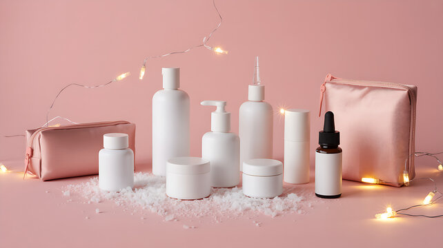 An array of elegant white cosmetic products, including bottles, jars, and a serum, are arranged on a pink background with fairy lights and a dusting of snow