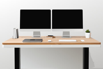 Minimalist Standing Desk Mockup Dual Monitors Light Wood