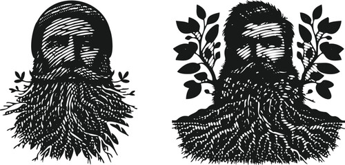  Heavy lined black vector bundle of a bearded man with tree roots growing from his beard, detailed illustration of nature-inspired facial hair design, organic root beard concept artwork