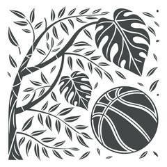 Gray Scale Basketball Tropical Leaves Branch Design