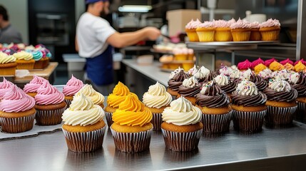Bakery cupcake display with colorful frosting culinary studio food photography inviting atmosphere close-up shot temptation