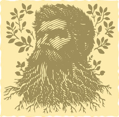  Heavy lined effect vibrant color postal stamp vector illustration of a bearded man with tree roots growing from his beard, creative surreal nature fusion, earthy tones, artistic design, unique concep