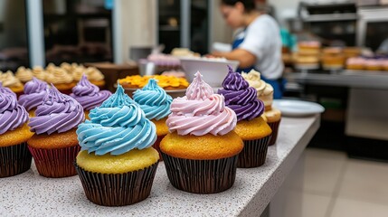 Baking delight colorful cupcakes in a bakery food photography bright environment close-up view sweet treats