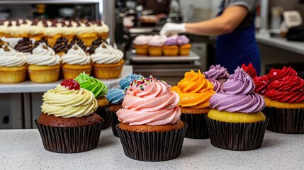 Vibrant cupcake display bakery food photography cozy environment close-up view sweet indulgence