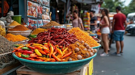 Vibrant spice market scene local marketplace food photography bustling environment street view culinary culture exploration