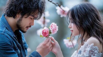 Romantic gesture between young couple blossom garden photography serene environment close-up view love and connection