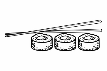 Three Sushi Rolls with Chopsticks Line Drawing line art
