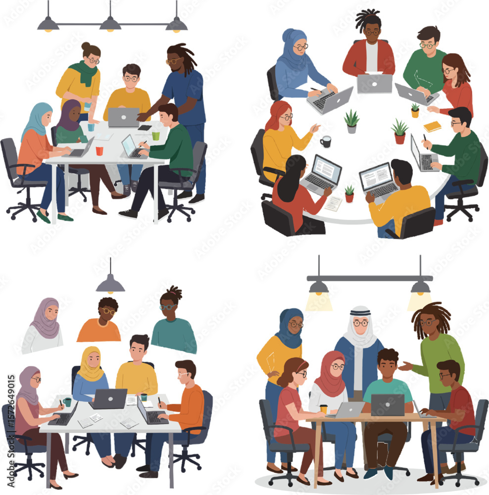 Poster diverse groups of people are collaborating and working together around tables with laptops in a mode