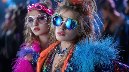 Vibrant dance party showcase featuring trendy fashion and youthful energy at urban venue with neon lights