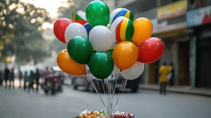 Colorful balloon vendor scene city street photography urban environment eye-level view joyful celebration theme
