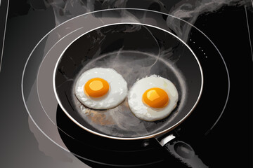 Two Fried Eggs in Black Frying Pan with Steam black pan